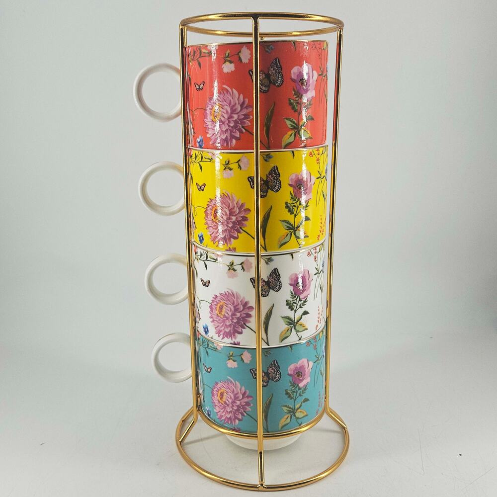 Grace's Teaware Flowers Butterfly Stacking Mug Set 4 Wire Rack